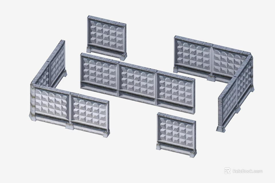 Gray Road Traffic Barriers With Grid Textured Surfaces And Multiple Modular Sections 3d model
