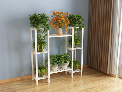 Indoor Garden Decor With Multi Tiered White Plant Stand Green Plants And Orange Flowers 3d model