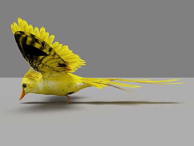Yellow Bird with Spread Wings on Gray Background and Detailed Feathers 3d model