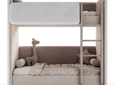 Comfortable Bunk Bed Design With Upholstered Lower Bed Giraffe Toy And Ladder 3d model