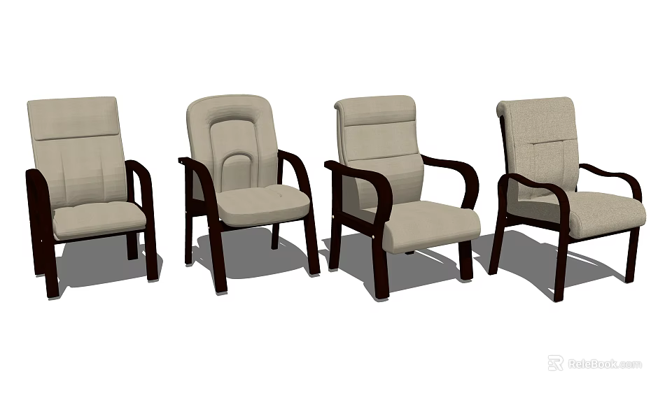 Modern Leisure Chairs with Wooden Armrests Light Fabric Seats and Dark Legs 3d model 