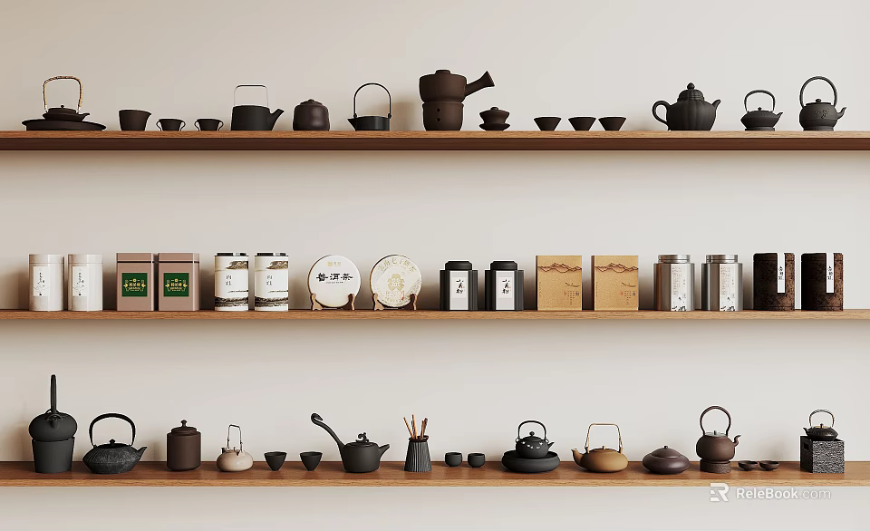 Minimalist Tea Ware Collection on Wooden Shelves with Teapots Teacups Trays and Canisters 3d model 
