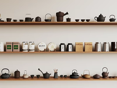 Minimalist Tea Ware Collection on Wooden Shelves with Teapots Teacups Trays and Canisters 3d model