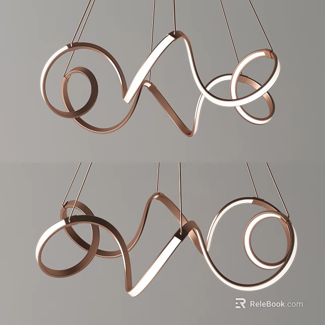 Modern Irregular Chandelier Design With Curved Copper And White Metallic Rings 3d model 