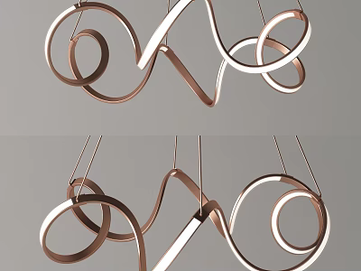 Modern Irregular Chandelier Design With Curved Copper And White Metallic Rings 3d model
