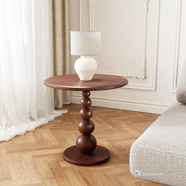 Wooden Side Table With Round Top Spherical Stacked Base And White Lamp In Living Room 3d model 
