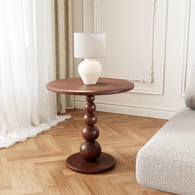 Wooden Side Table With Round Top Spherical Stacked Base And White Lamp In Living Room 3d model