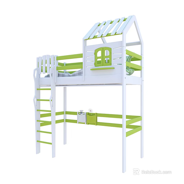 White and Green Kids Bunk Bed with House Shaped Roof Ladder and Storage 3d model 