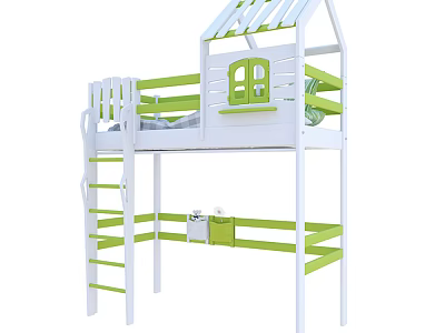 White and Green Kids Bunk Bed with House Shaped Roof Ladder and Storage 3d model