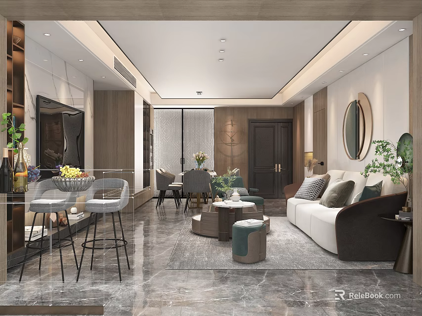Modern Living and Dining Room Interior With Sofa Dining Table Plants And Marble Floor 3d model 