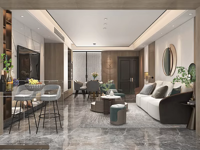Modern Living and Dining Room Interior With Sofa Dining Table Plants And Marble Floor 3d model