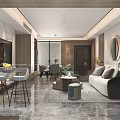 Modern Living and Dining Room Interior With Sofa Dining Table Plants And Marble Floor