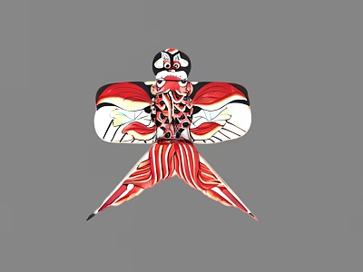 Traditional Red And White Kite With Fish Pattern Symmetrical Wings And Tail Decorative Folk Art 3d model