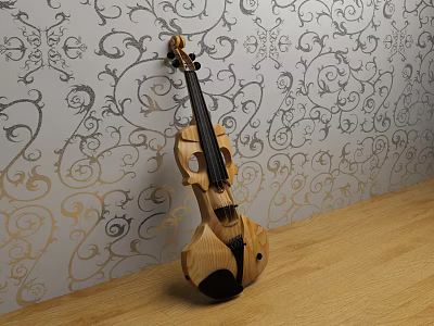 Elegant Musical Instruments Violin Leaning On Ornate Wallpaper And Wooden Floor 3d model