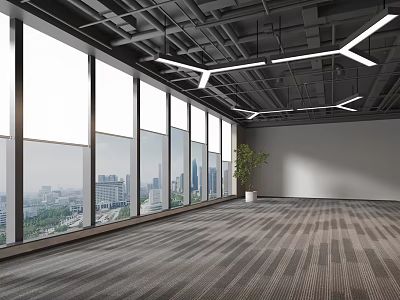 Modern Ceiling with Black Structural Beams White Linear Lights in Spacious Room with Large Windows 3d model