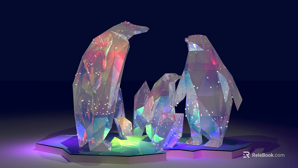 Geometric Iridescent Penguin Sculptures with Star Details and Glowing Ice Chunks on Dark Background 3d model 