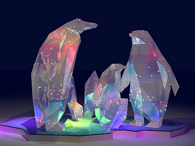 Geometric Iridescent Penguin Sculptures with Star Details and Glowing Ice Chunks on Dark Background 3d model
