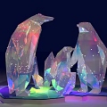 Geometric Iridescent Penguin Sculptures with Star Details and Glowing Ice Chunks on Dark Background