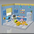 Cute Cartoon Themed Indoor Scene With Blue Walls Yellow Decor And Stuffed Toys