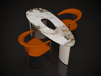 Modern Dining Table Set with Oval White Marble Pattern Top and Orange Upholstered Modern Chairs 3d model
