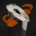 Modern Dining Table Set with Oval White Marble Pattern Top and Orange Upholstered Modern Chairs