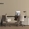 Modern Office Desk With Mac Computer Table Lamp Beige Chairs And White Cabinet 3d model