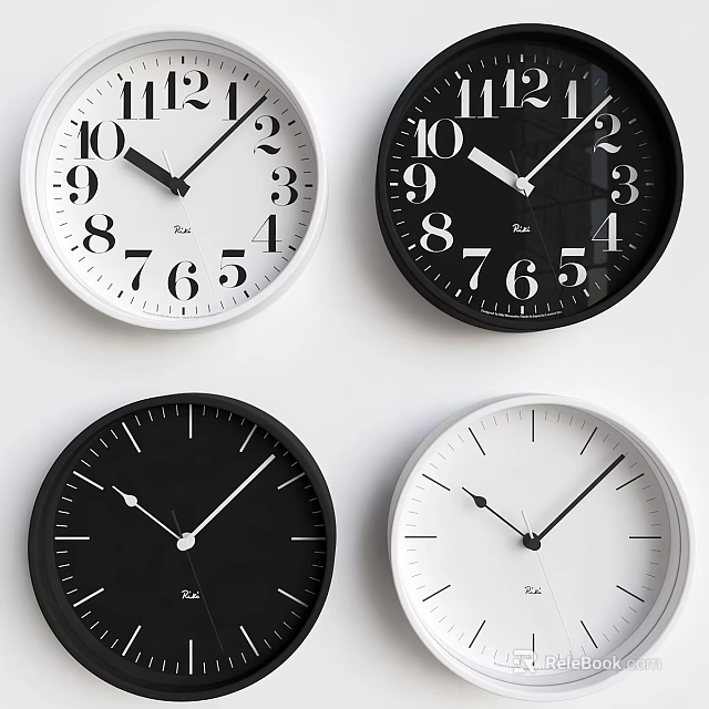 Four Modern Wall Clocks With Black And White Design On White Wall 3d model 