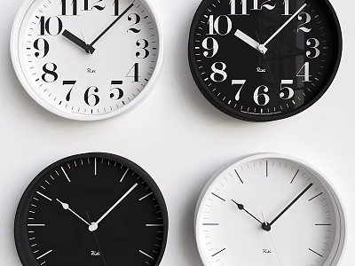 Four Modern Wall Clocks With Black And White Design On White Wall 3d model