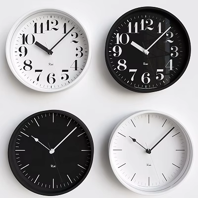 Four Modern Wall Clocks With Black And White Design On White Wall 3d model