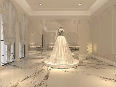Elegant Bridal Shop Showcasing Luxury Wedding Dress on Round Platform with Marble Floor and Mirrors 3d model