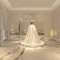 Elegant Bridal Shop Showcasing Luxury Wedding Dress on Round Platform with Marble Floor and Mirrors