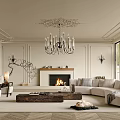 Elegant Modern Living Room Interior With Ornate Chandelier Fireplace Paneled Walls And Light Sofa