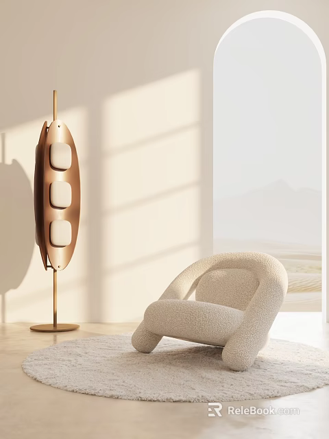 Beige Plush Accent Chair With Floor Lamp In Natural Light Minimalist Background 3d model 