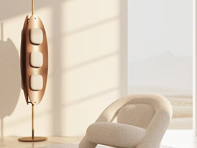 Beige Plush Accent Chair With Floor Lamp In Natural Light Minimalist Background 3d model