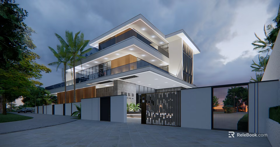 Modern Detached Villa Exterior With Balcony Palm Trees Glass Facade And Gate 3d model 