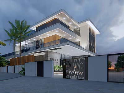 Modern Detached Villa Exterior With Balcony Palm Trees Glass Facade And Gate 3d model