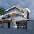 Modern Detached Villa Exterior With Balcony Palm Trees Glass Facade And Gate