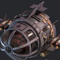 Steampunk Mechanical Sphere With Metal Structure Gears Pipes Red Interior And Thruster Wings