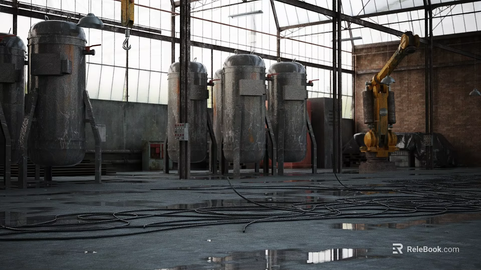 Industrial Workshop Steel Frame Structure With Metal Tanks Mechanical Arm And Wet Floor 3d model 