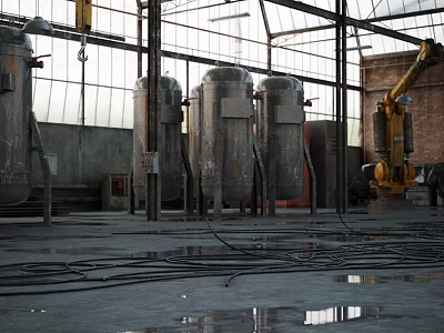 Industrial Workshop Steel Frame Structure With Metal Tanks Mechanical Arm And Wet Floor 3d model