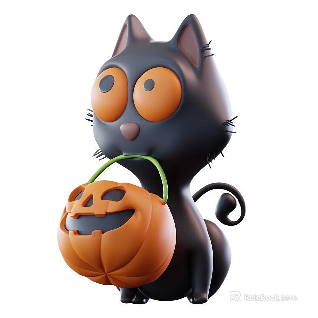 Cartoon Black Cat With Big Orange Eyes Holding Halloween Pumpkin Lantern 3d model 