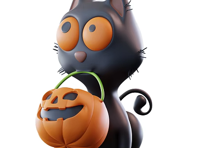 Cartoon Black Cat With Big Orange Eyes Holding Halloween Pumpkin Lantern 3d model