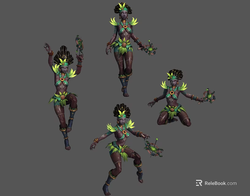 Tribal Fantasy Character Creature Design with Green Ornaments and Multiple Dynamic Poses 3d model 