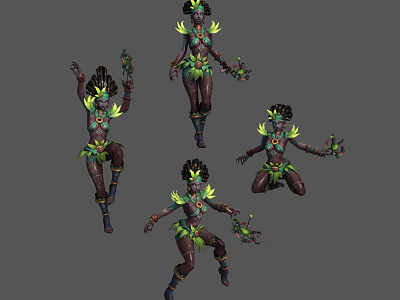 Tribal Fantasy Character Creature Design with Green Ornaments and Multiple Dynamic Poses 3d model