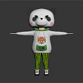 Cartoon Panda Character With Little Fox Graphic Green Scarf And Green Striped Pants Arms Outstretched