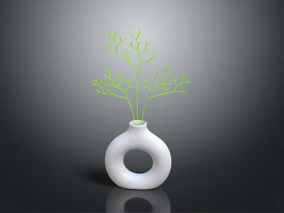 White Vase With Circular Hole Holding Green Branches In Simple Decor 3d model