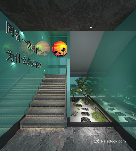 Modern Staircase With Green Walls Circular Decorative Painting And Miniature Rock Garden 3d model 