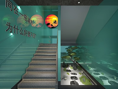 Modern Staircase With Green Walls Circular Decorative Painting And Miniature Rock Garden 3d model