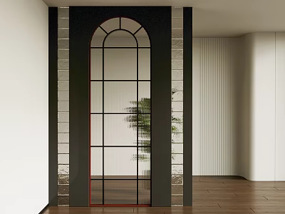 Modern Black Framed Arched Glass Room Divider With Grid Design Green Plant And Wooden Floor 3d model