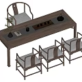 Traditional Chinese Wooden Tea Table Set With Four Chairs Gray Cushions And Tea Accessories